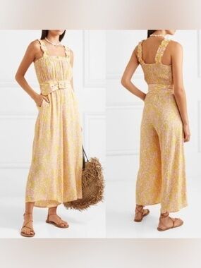 Faithful Delores Yellow Floral Wide-Leg Jumpsuit with Belt